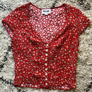 NWOT Rouje Paris red floral button up blouse 34/S